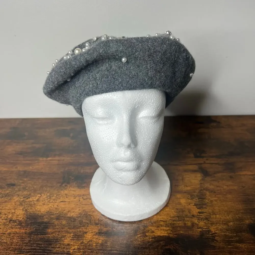 Marcus Adler New York Women's Beret Wool Blend Gray Beaded Pearls & Rhinestones